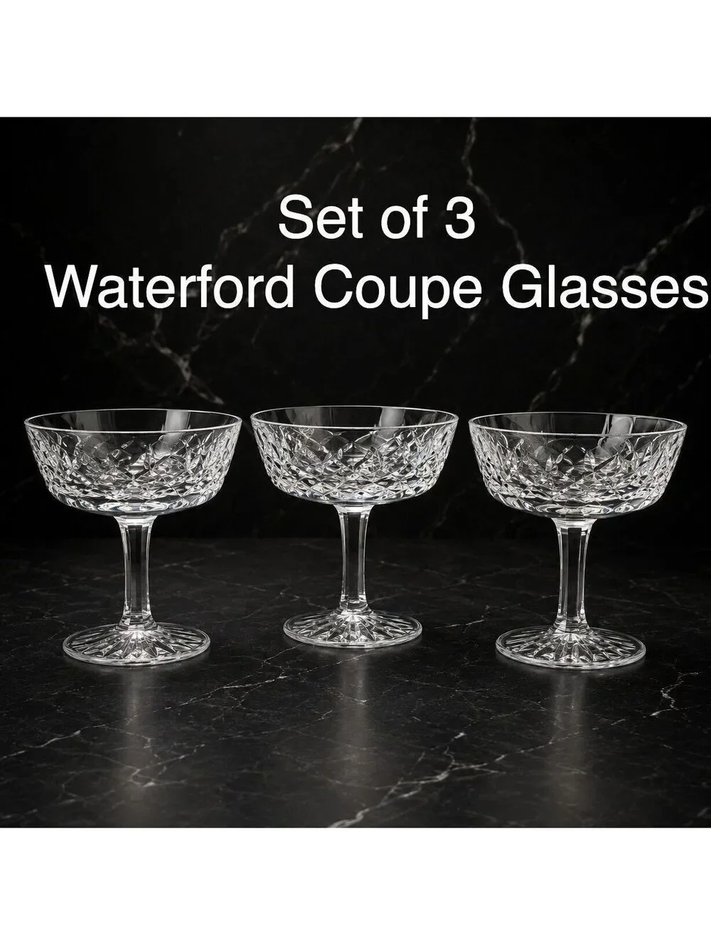 Vintage Waterford Lismore Champagne Coupe Tall Sherbet Glasses Set of 3 Crystal